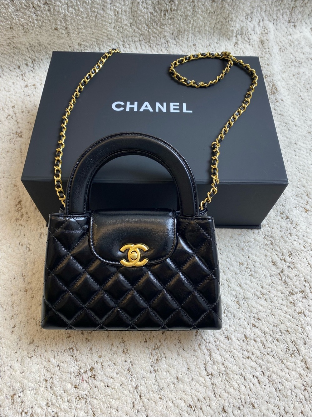 CHANEL Black Quilted Mini Top-Handle Bag with Gold Chain
